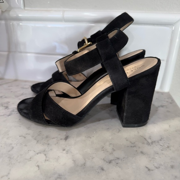 Cole Haan Black Suede Sandals with Gold Buckle - Picture 2 of 3